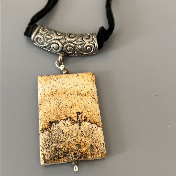 Vintage Hand Crafted Tan Stone Necklace Black Leather Cord Silver Adornments - Picture 2 of 5